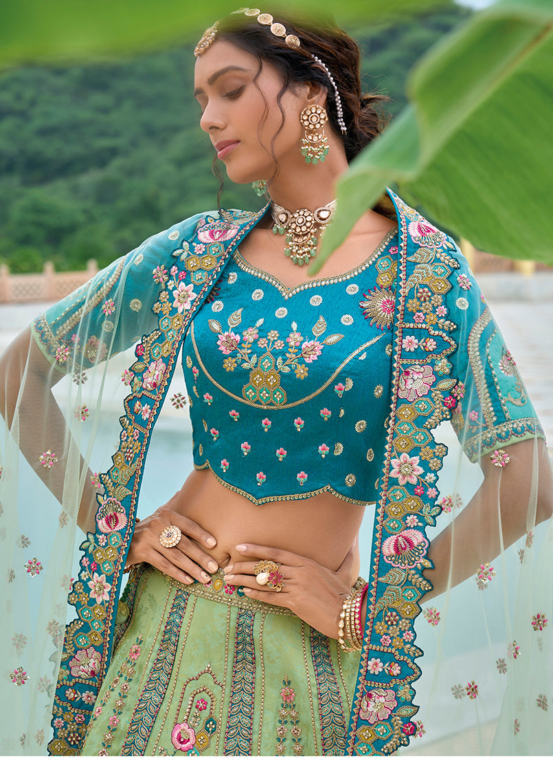 Monjolika Fashion Silk Blend Embroidered Sequins Sea Green And Turquoise Designer Lehenga Choli - Swadesiicart