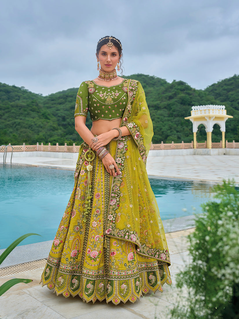 Monjolika Fashion Silk Blend Embroidered Sequins Green And Mehendi Designer Lehenga Choli - Swadesiicart
