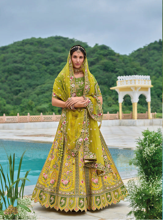 Monjolika Fashion Silk Blend Embroidered Sequins Green And Mehendi Designer Lehenga Choli - Swadesiicart