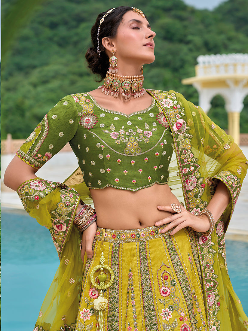 Monjolika Fashion Silk Blend Embroidered Sequins Green And Mehendi Designer Lehenga Choli - Swadesiicart