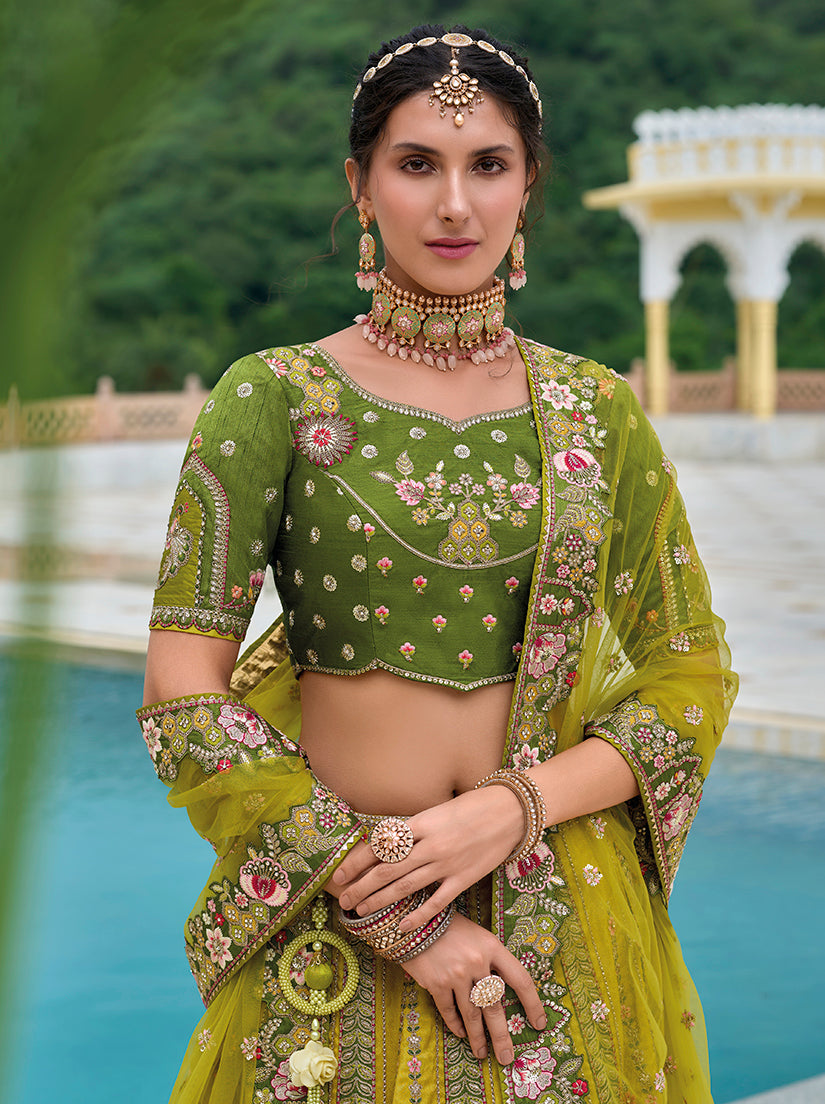 Monjolika Fashion Silk Blend Embroidered Sequins Green And Mehendi Designer Lehenga Choli - Swadesiicart