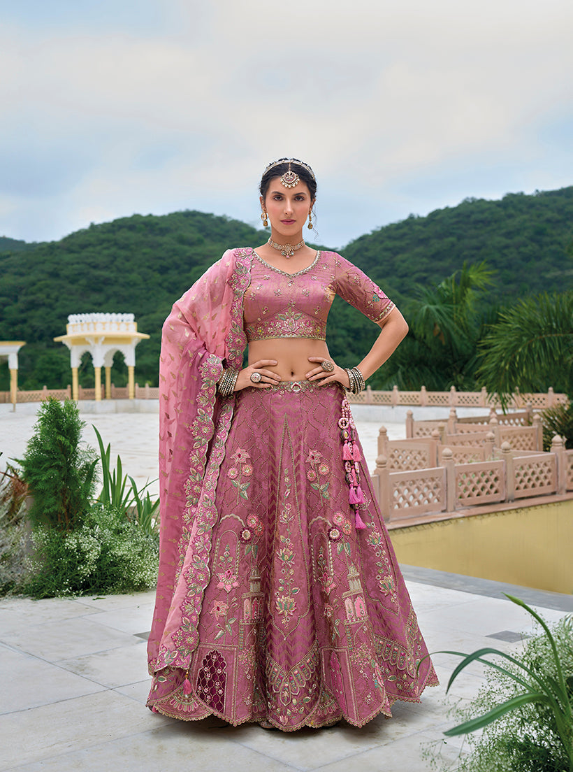 Monjolika Fashion Silk Blend Embroidered Sequins Onion Pink Designer Lehenga Choli - Swadesiicart