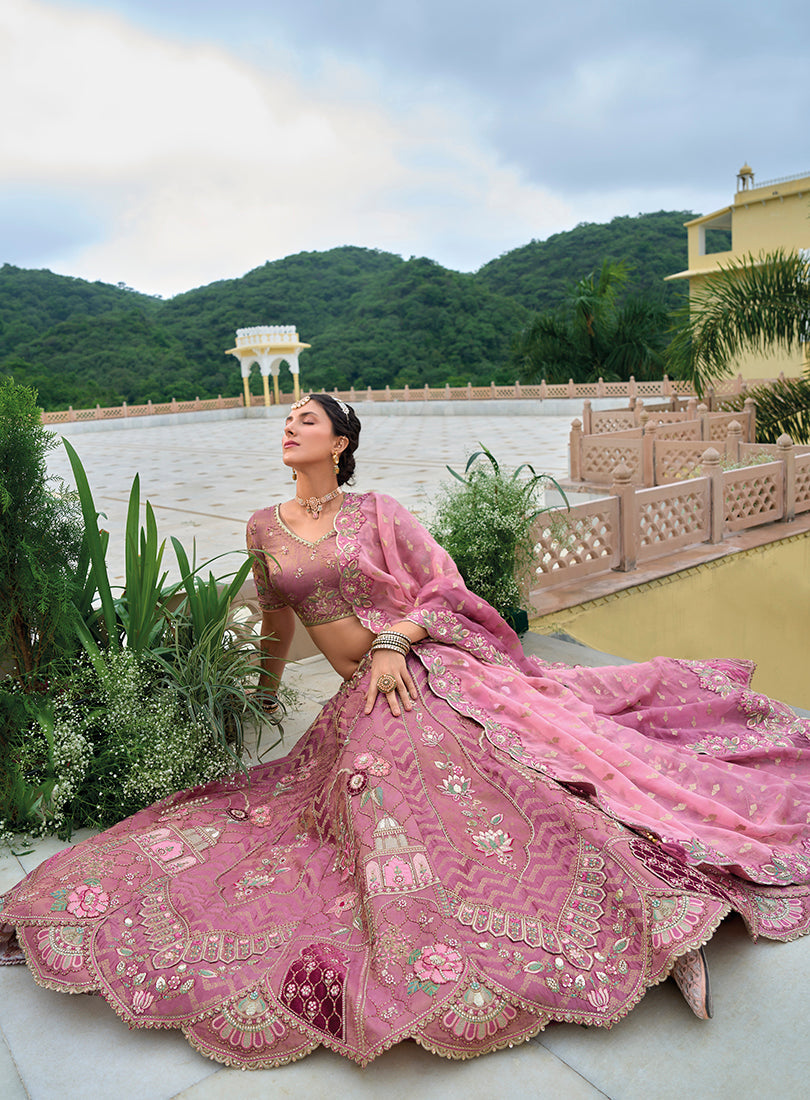 Monjolika Fashion Silk Blend Embroidered Sequins Onion Pink Designer Lehenga Choli - Swadesiicart