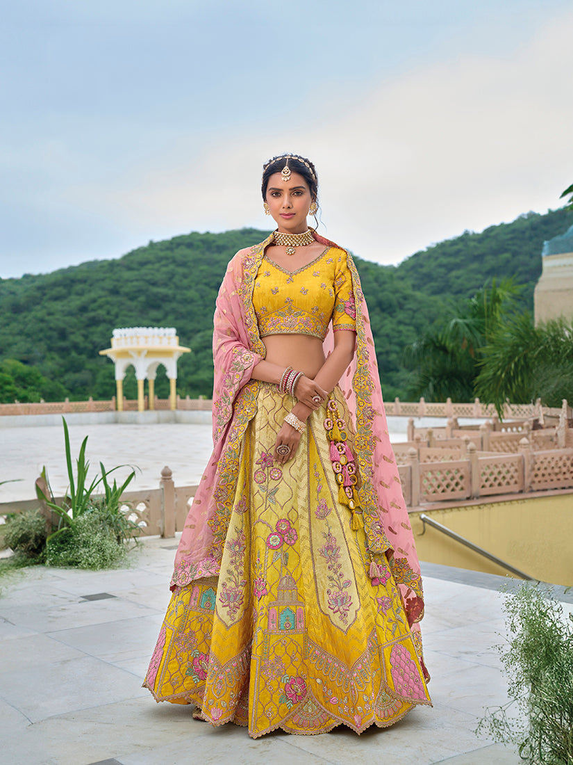 Monjolika Fashion Silk Blend Embroidered Sequins Yellow And Pink Designer Lehenga Choli - Swadesiicart