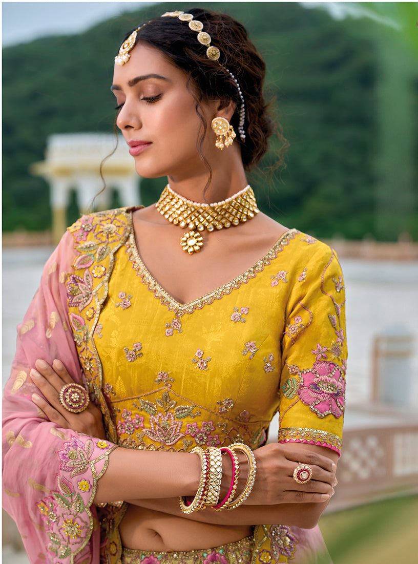 Monjolika Fashion Silk Blend Embroidered Sequins Yellow And Pink Designer Lehenga Choli - Swadesiicart