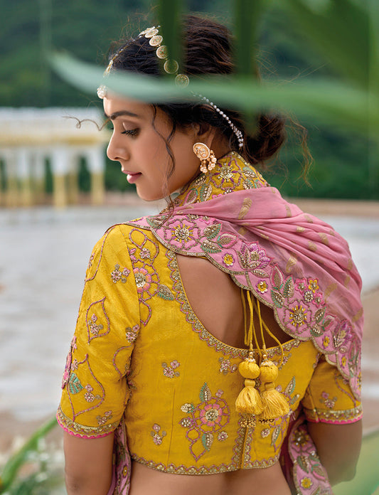Monjolika Fashion Silk Blend Embroidered Sequins Yellow And Pink Designer Lehenga Choli - Swadesiicart