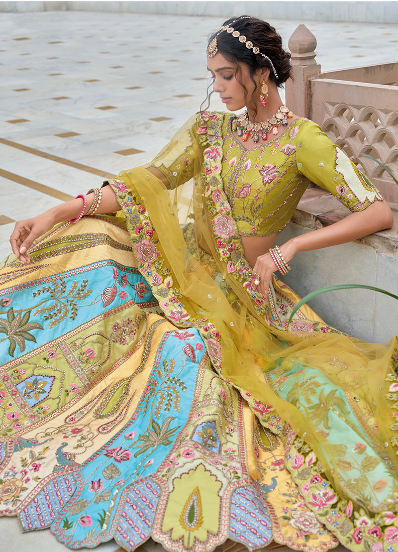 Monjolika Fashion Silk Blend Embroidered Sequins Multi Colour Designer Lehenga Choli - Swadesiicart