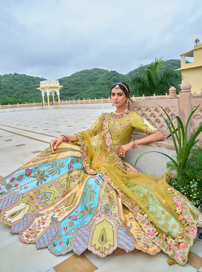 Monjolika Fashion Silk Blend Embroidered Sequins Multi Colour Designer Lehenga Choli - Swadesiicart