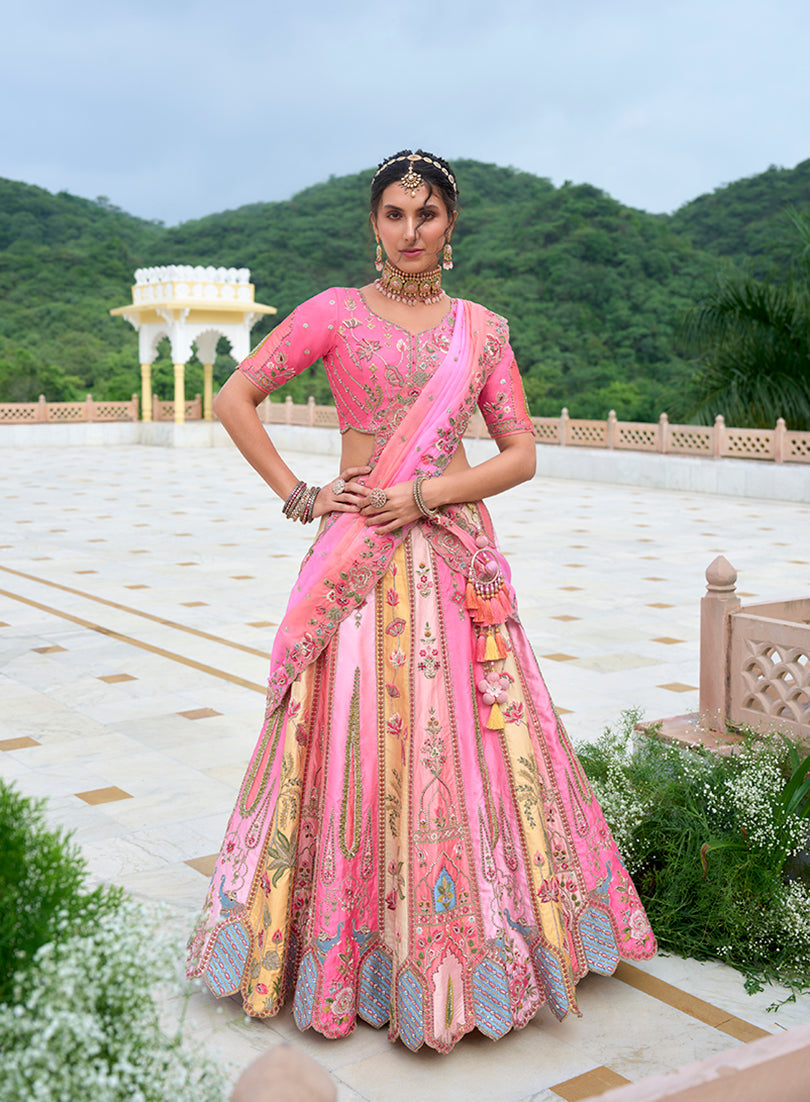 Monjolika Fashion Silk Blend Embroidered Sequins Pink Designer Lehenga Choli - Swadesiicart