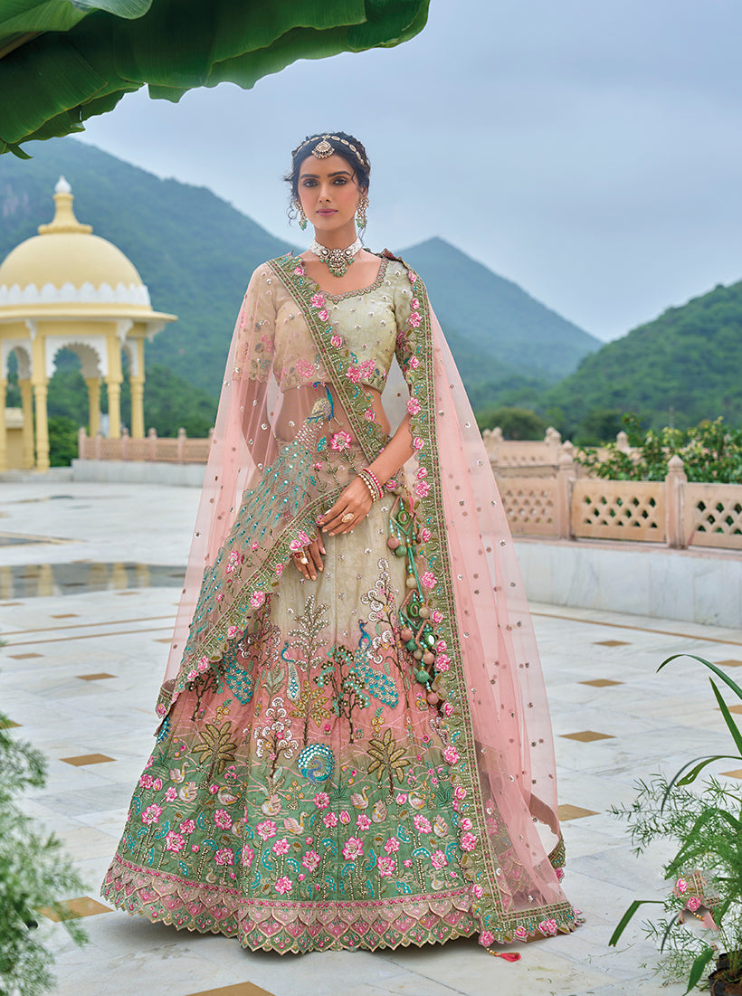 Monjolika Fashion Silk Blend Embroidered Sequins Multi Colour Designer Lehenga Choli - Swadesiicart