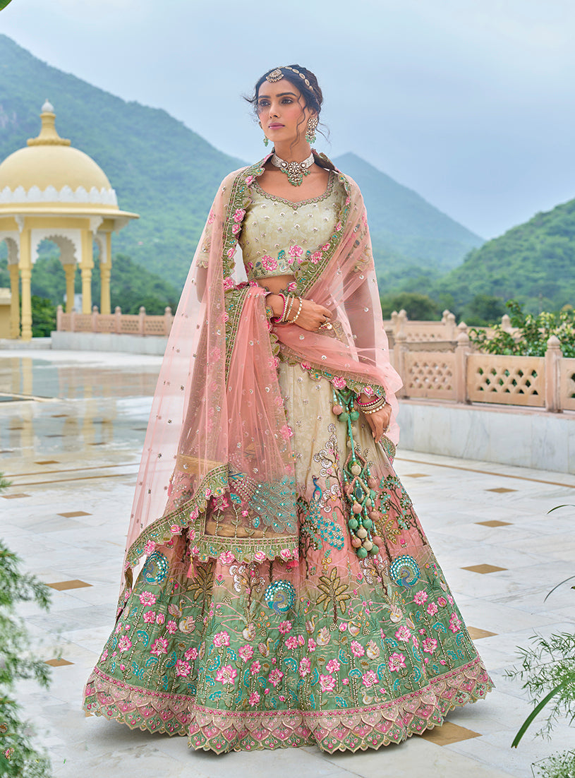 Monjolika Fashion Silk Blend Embroidered Sequins Multi Colour Designer Lehenga Choli - Swadesiicart