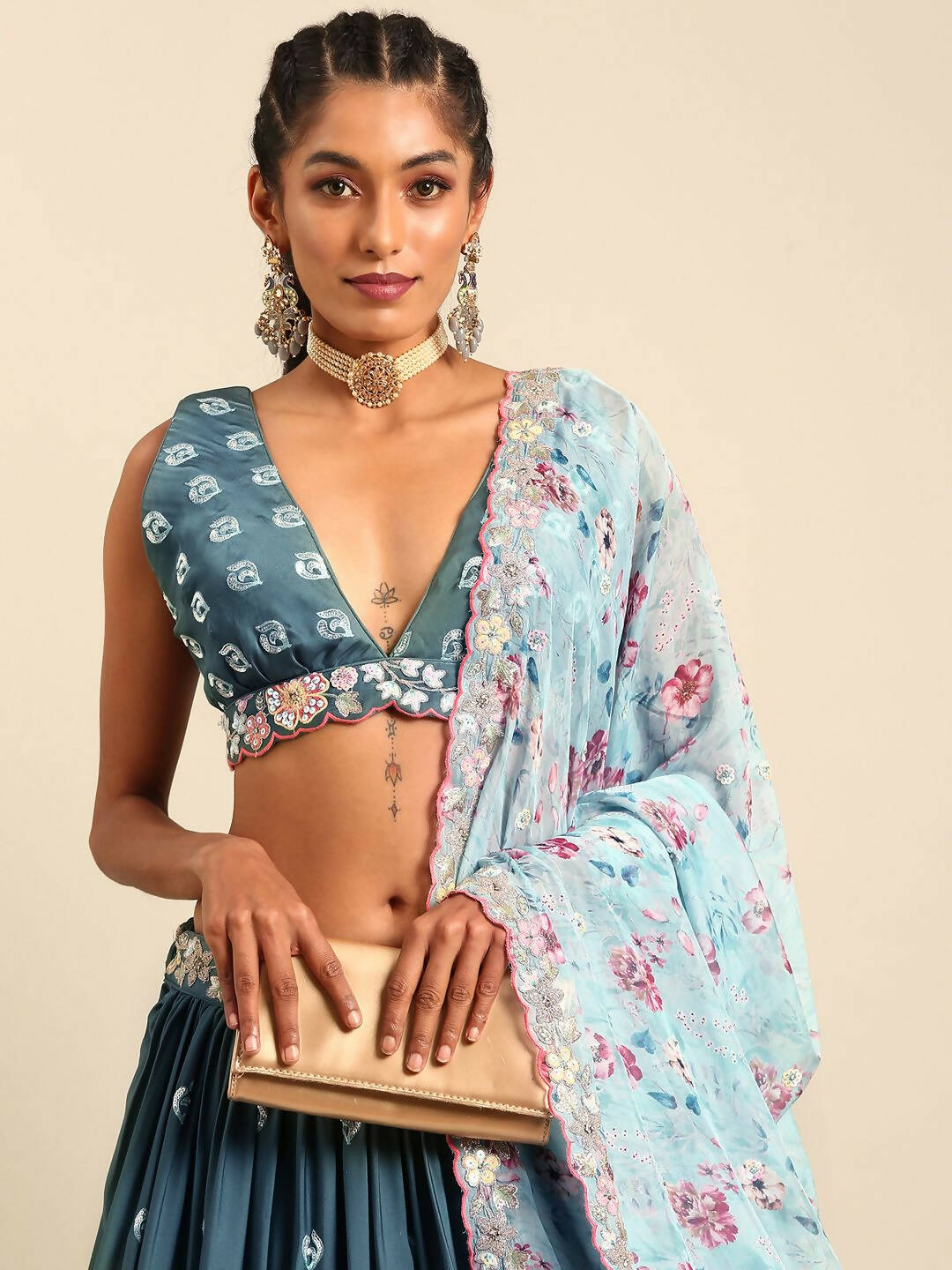House of Panchhi Teal Blue Chinon Sequins embroidery Lehenga choli & Dupatta | Swadesiicart