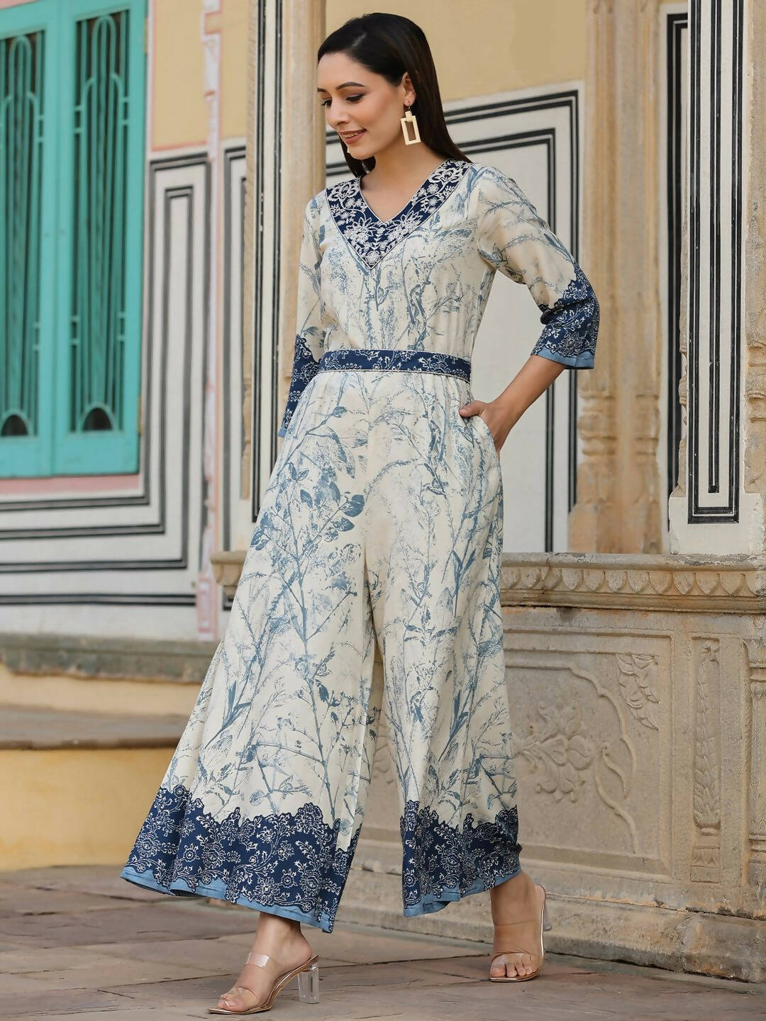 Juniper Women's Offwhite Rayon Staple Printed With Embroidery Straight Jumpsuit - Swadesiicart