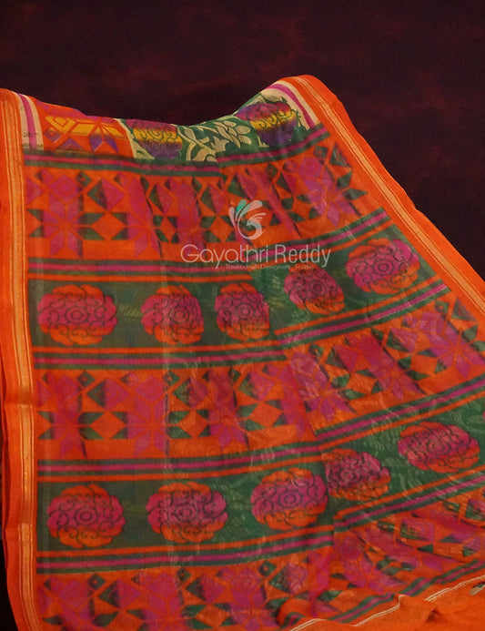 Dark Leaf Green Printed Semi Chanderi Saree By Gayathri Reddy Designer Studio | Swadesiicart