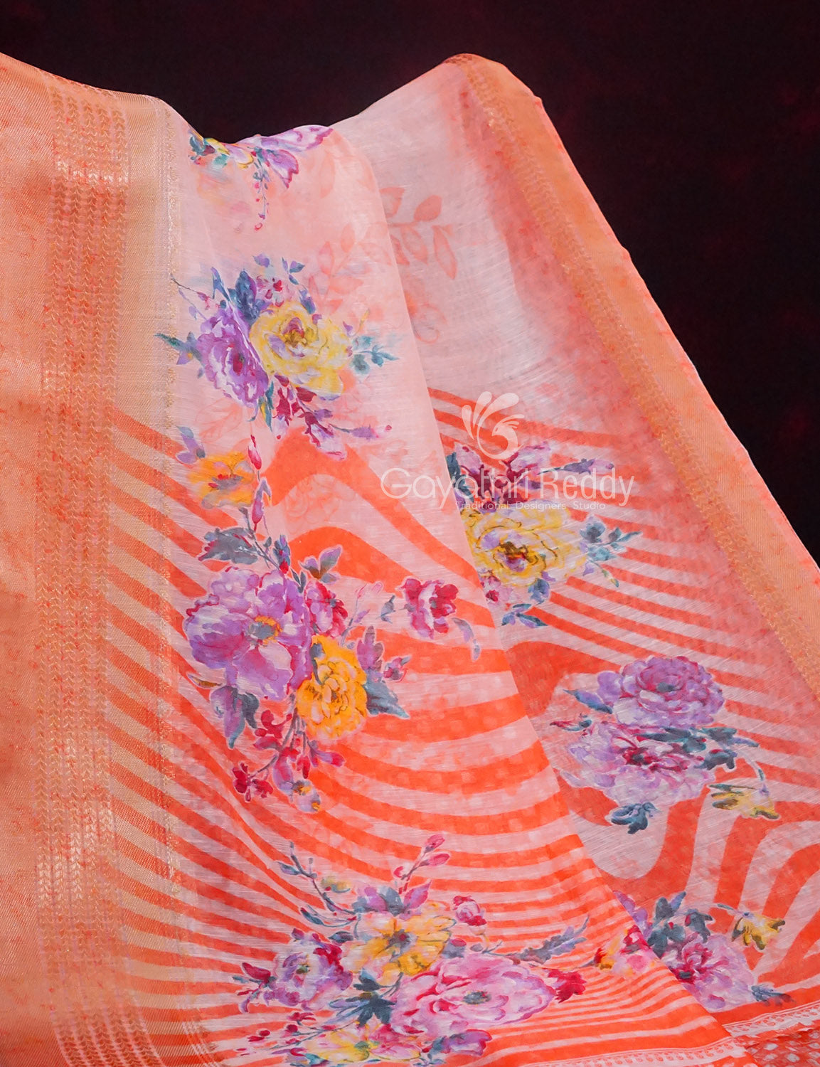 Vibrant Combination of Baby Peach and Orange with Floral Design Semi Chanderi Saree By Gayathri Reddy Designer Studio | Swadesiicart