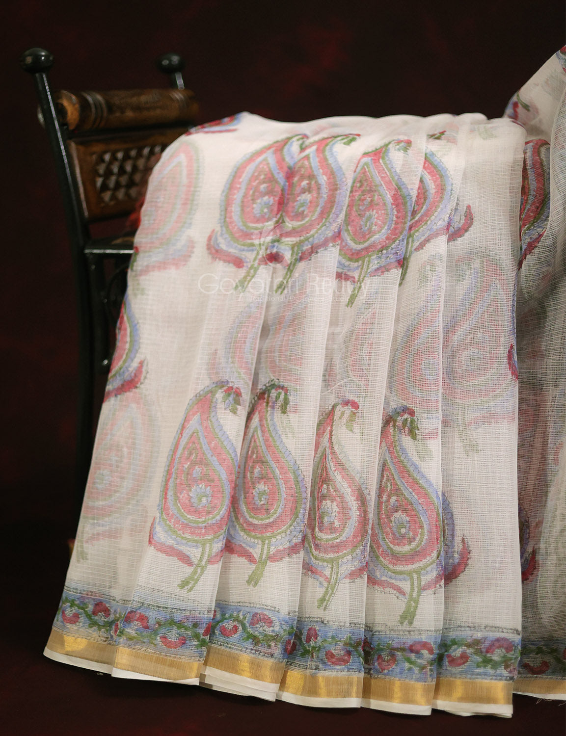 Off White Mango Block Design Pure Kota Cotton Saree By Gayathri Reddy Designer Studio | Swadesiicart