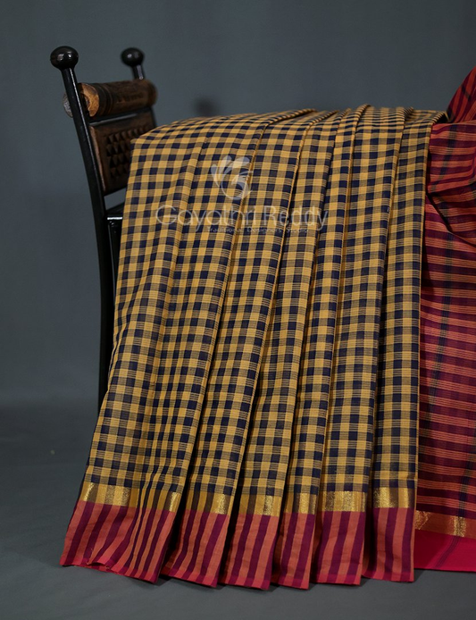 Mustard And Black With Checks Pure Mangalgiri Cotton Saree By Gayathri Reddy Designer Studio | Swadesiicart
