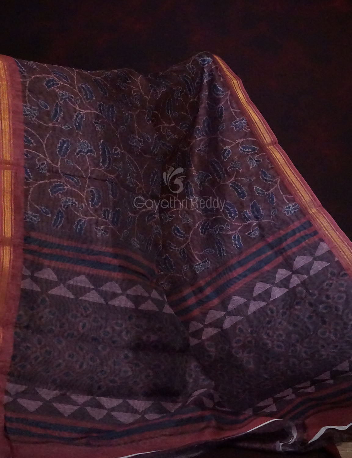 Dark Wine Colour Floral Design Semi Chanderi Saree By Gayathri Reddy Designer Studio | Swadesiicart