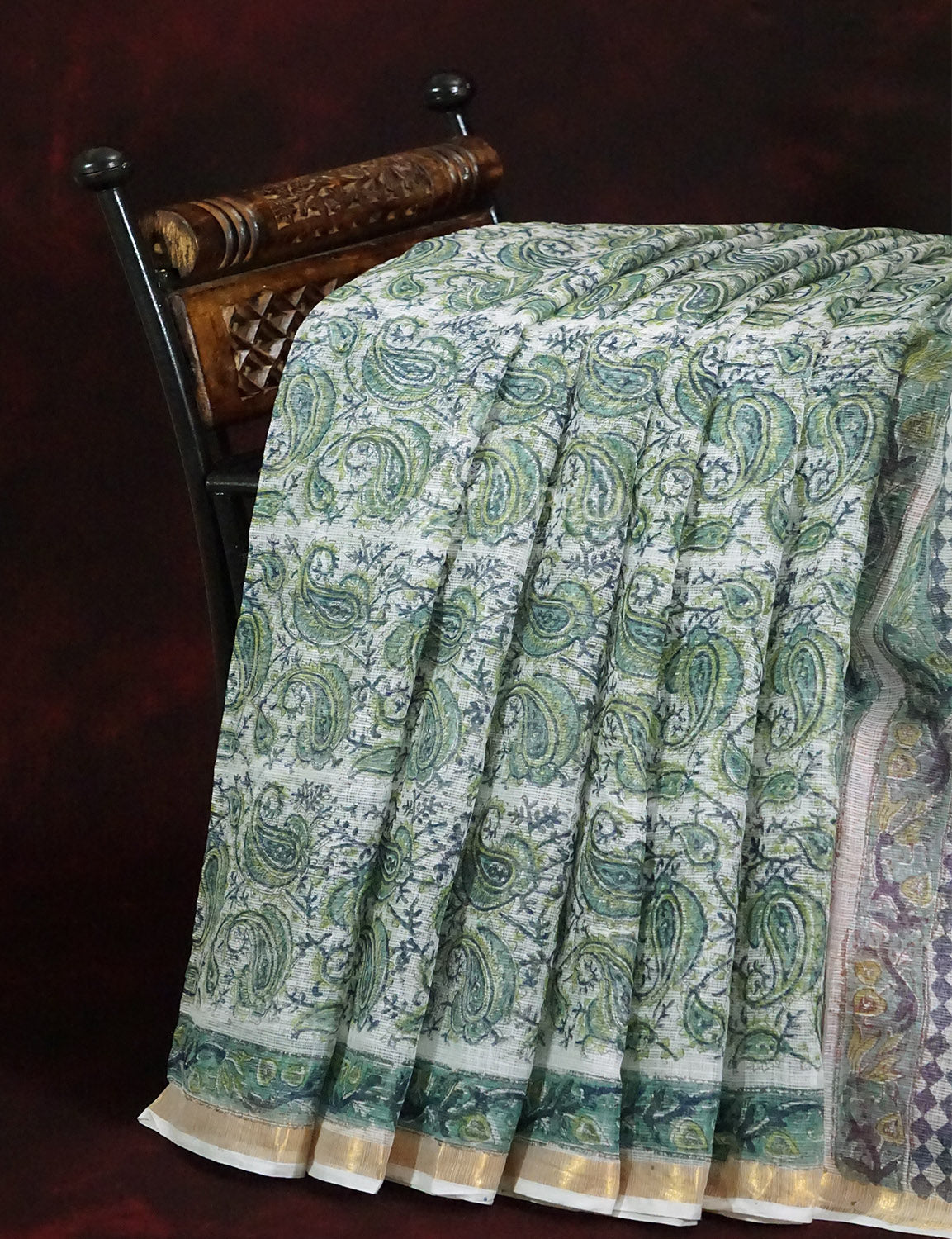Off White And Parrot Green Colour Pure Kota Cotton Saree By Gayathri Reddy Designer Studio | Swadesiicart