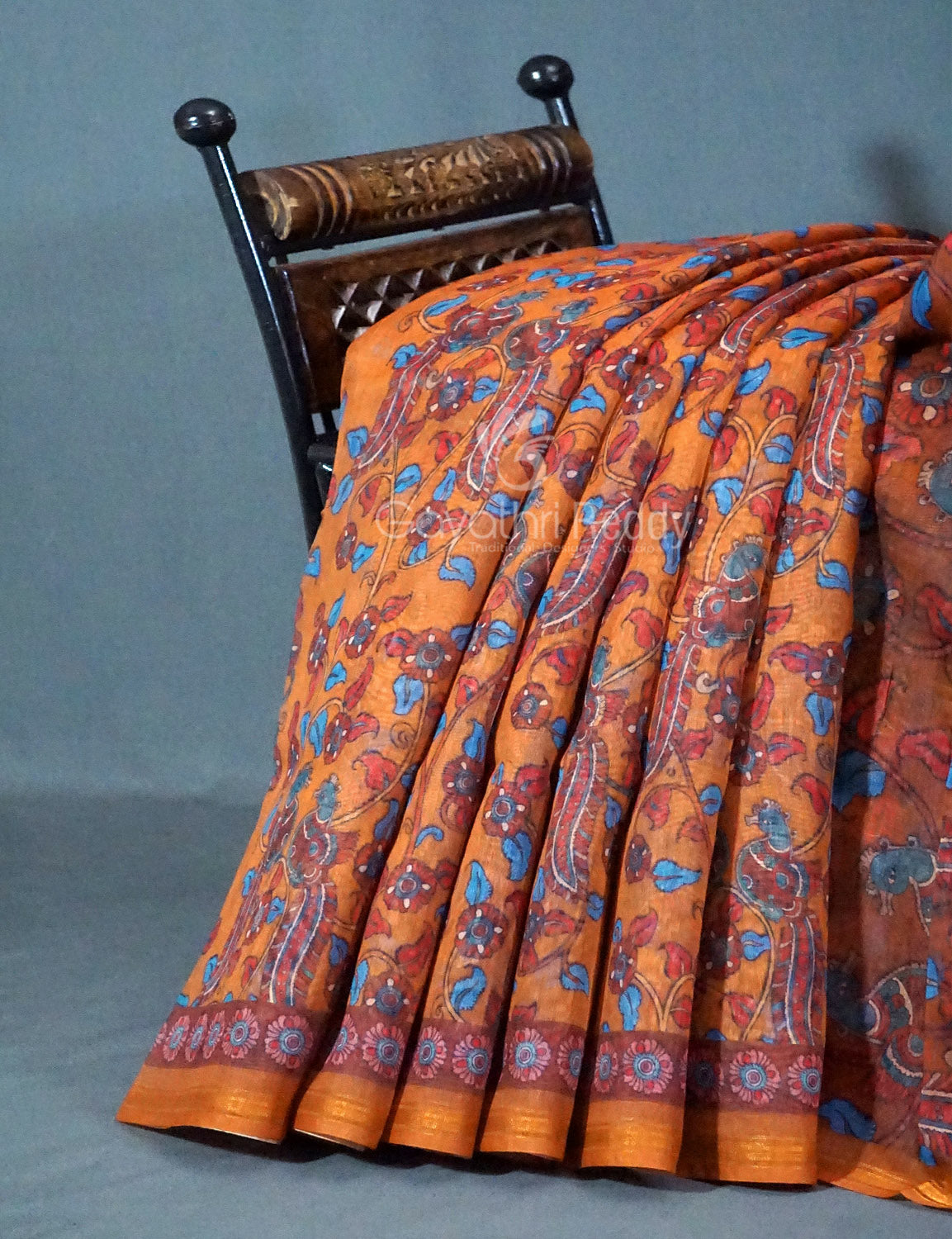 Shades of Mustard Colour Kalamkari Print Semi Chanderi Saree By Gayathri Reddy Designer Studio | Swadesiicart