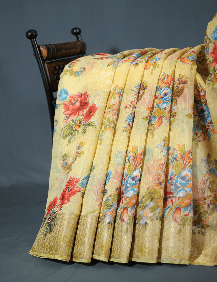 Shades of Light Dry Mehendi With Floral Print Semi Chanderi Saree By Gayathri Reddy Designer Studio | Swadesiicart