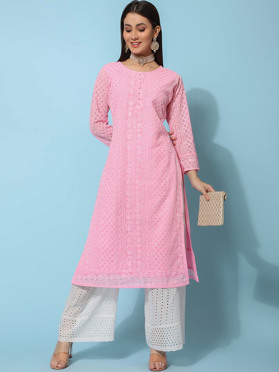 Kalini Ethnic Motifs Embroidered Chikankari Georgette Straight Kurta | Swadesiicart