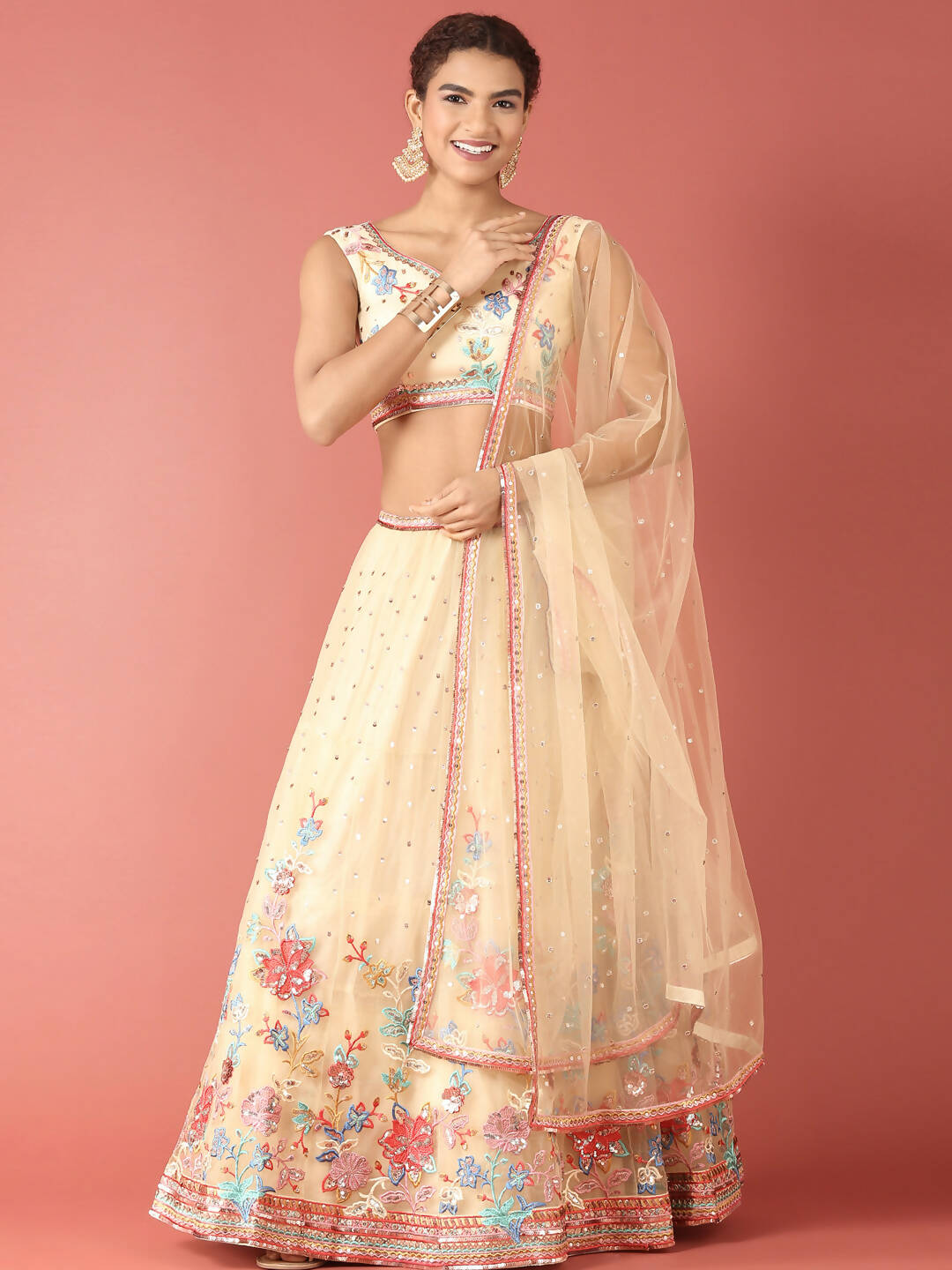 House of Panchhi Cream Net Multi colour Thread & Sequinse Work Lehenga & Blouse, Dupatta | Swadesiicart