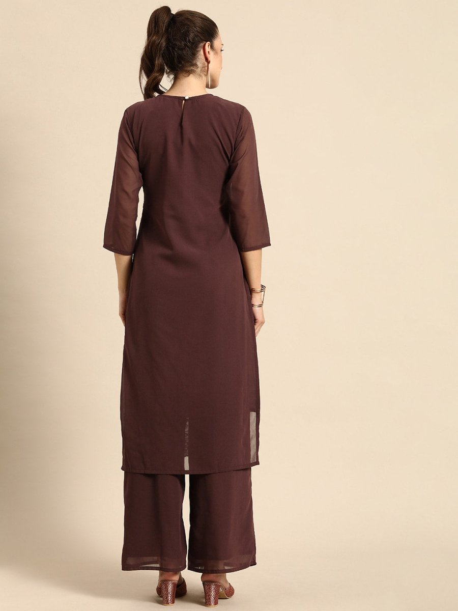 All About You Women Brown Ethnic Motifs Embroidered Regular Chikankari Kurta with Palazzos | Swadesiicart
