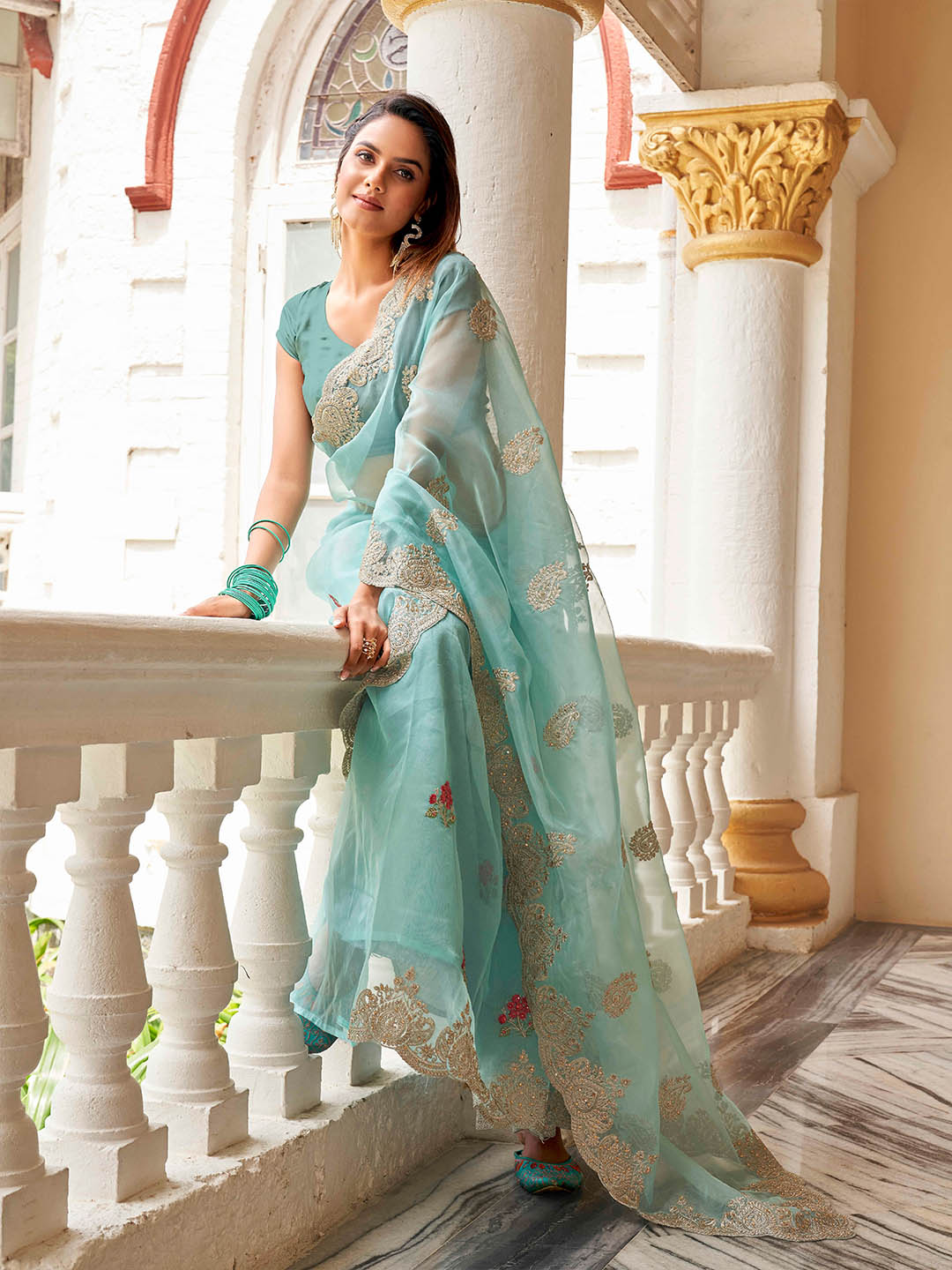 Tikhi Imli Ethnic Motifs Embroidery Organza Heavy Work Saree | Swadesiicart