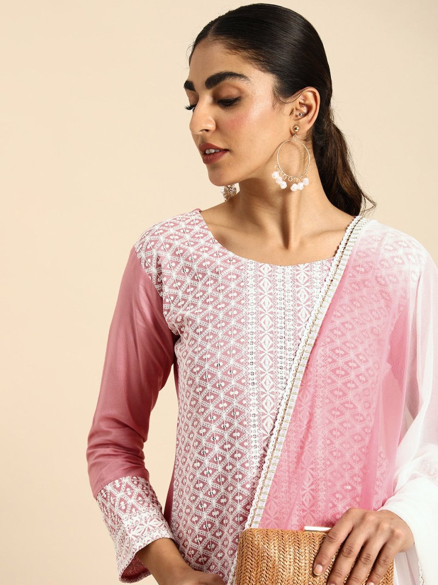 All About You Women Embroidered Chikankari Kurta With Trousers & With Dupatta | Swadesiicart