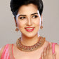 Aadita Gold-Polished Green & Pink Stone-Studded & Pearl Beaded Jewellery Set - Swadesiicart