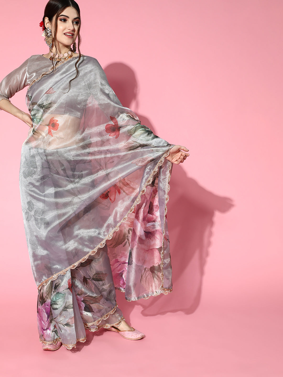 Tikhi Imli Grey Saree with Zari border | Swadesiicart