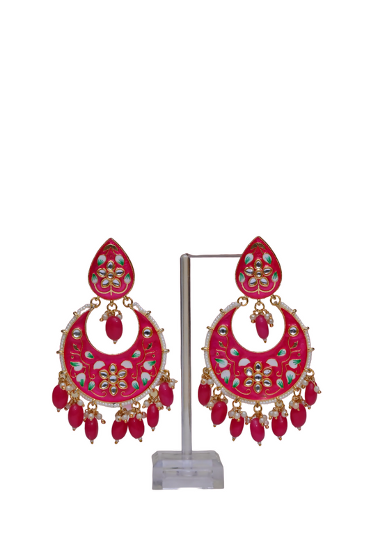 Gold-Polished Brass & Pearl Dangle Women Pink Hand Painted Meenakari Chandbali Earrings By House of Ree - House of Ree