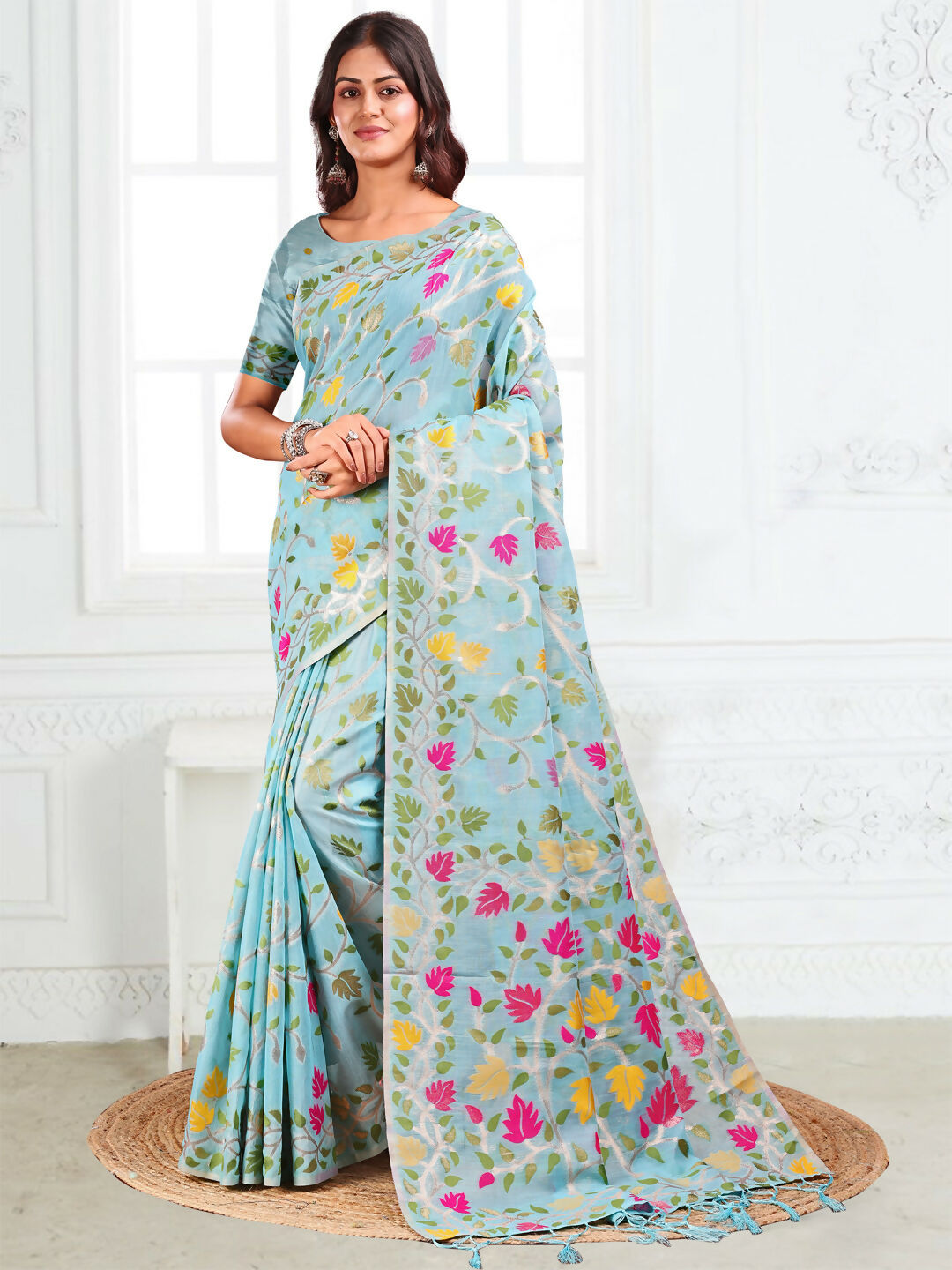 Shree Shyam Fashion Linen Cotton Sky Blue Saree