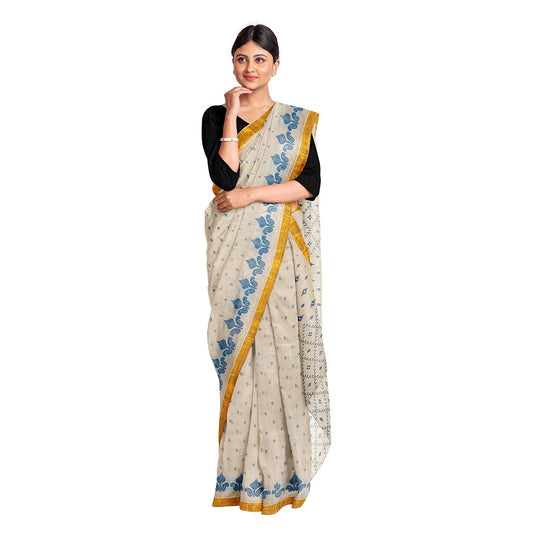 Exclusive Collection 100% Pure Cotton Off White Blue Saree With Printed Work - Swadesiicart