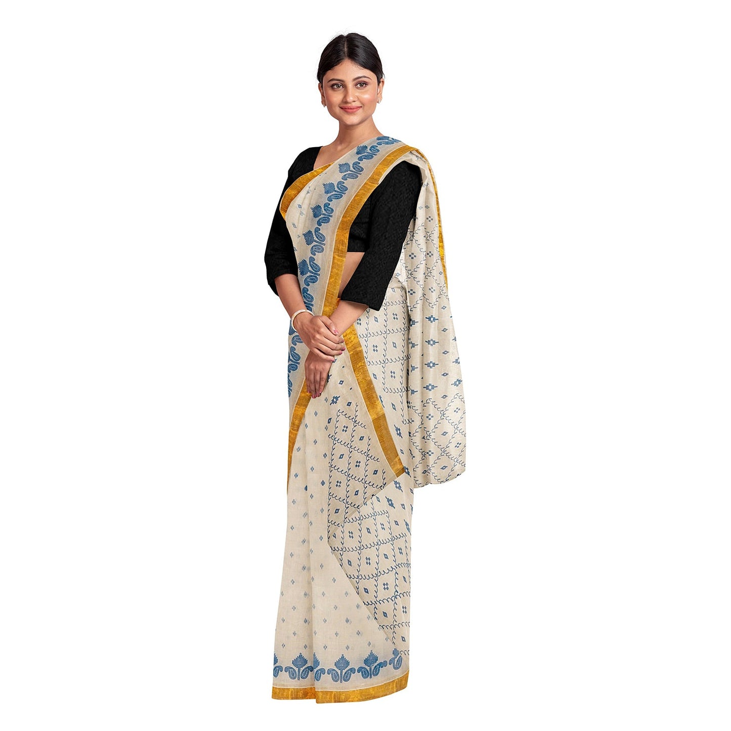 Exclusive Collection 100% Pure Cotton Off White Blue Saree With Printed Work - Swadesiicart