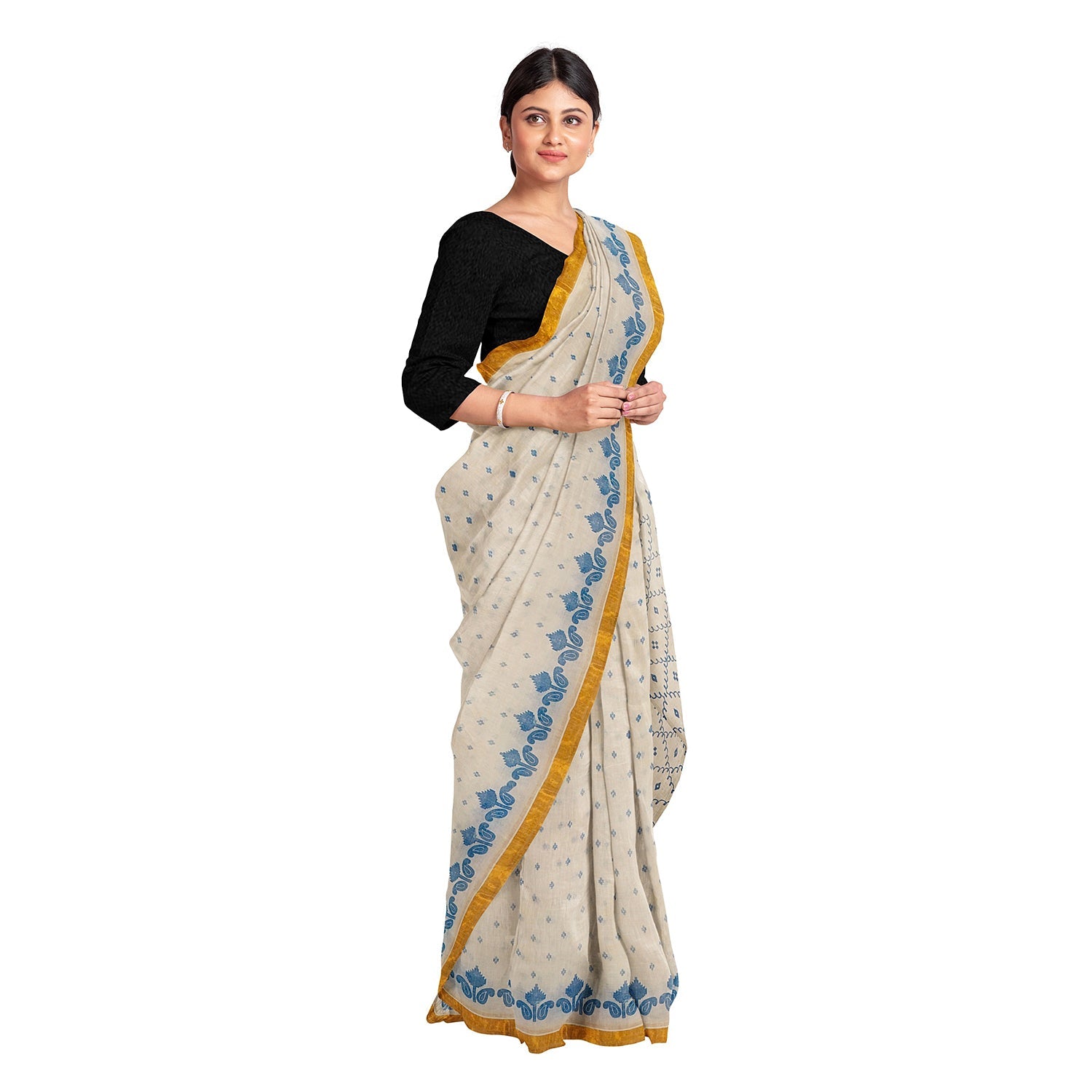 Exclusive Collection 100% Pure Cotton Off White Blue Saree With Printed Work - Swadesiicart