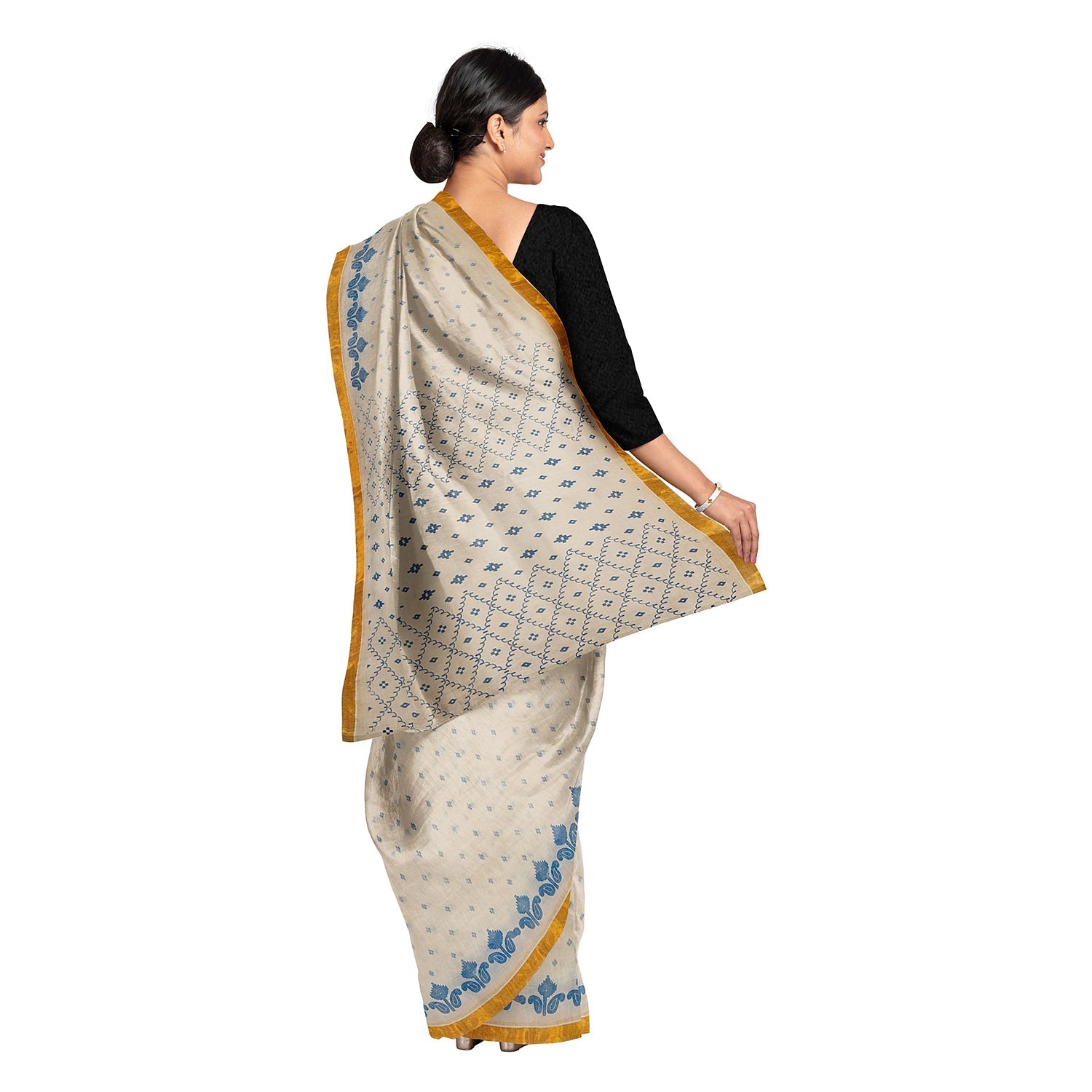 Exclusive Collection 100% Pure Cotton Off White Blue Saree With Printed Work - Swadesiicart