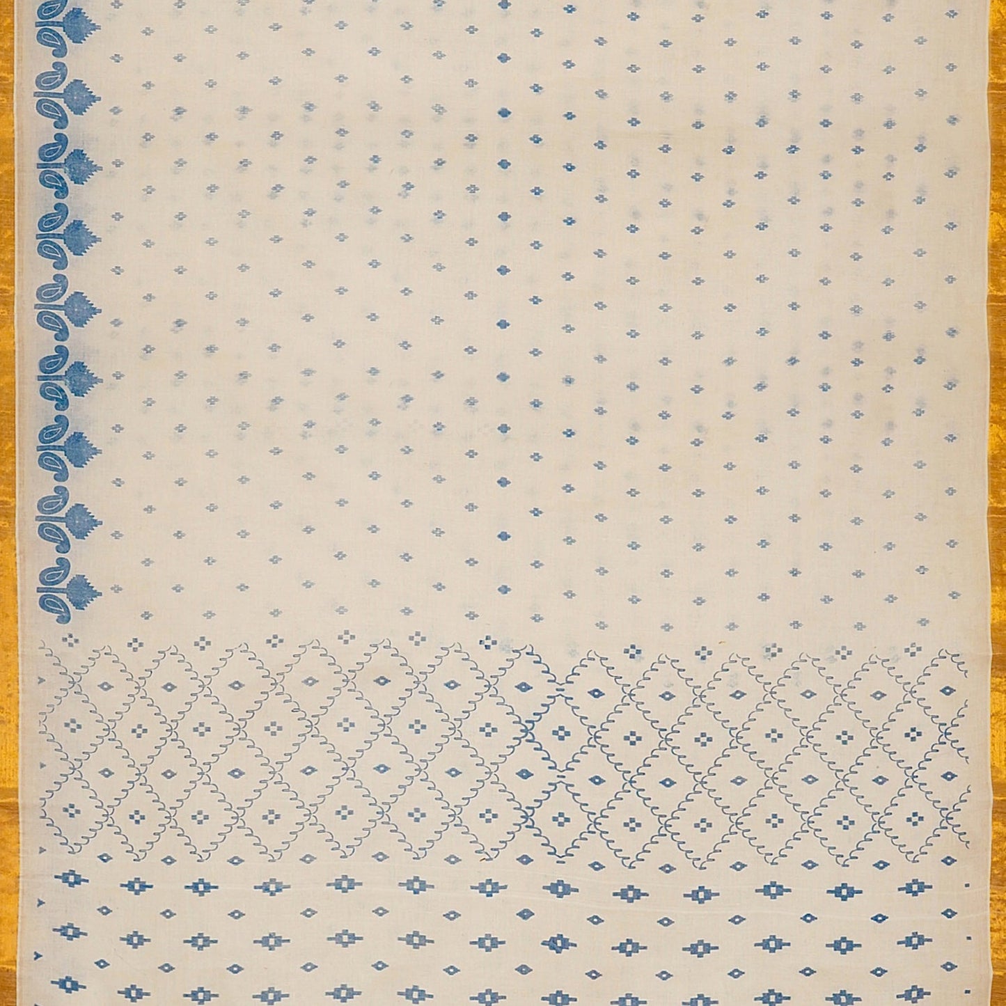 Exclusive Collection 100% Pure Cotton Off White Blue Saree With Printed Work - Swadesiicart