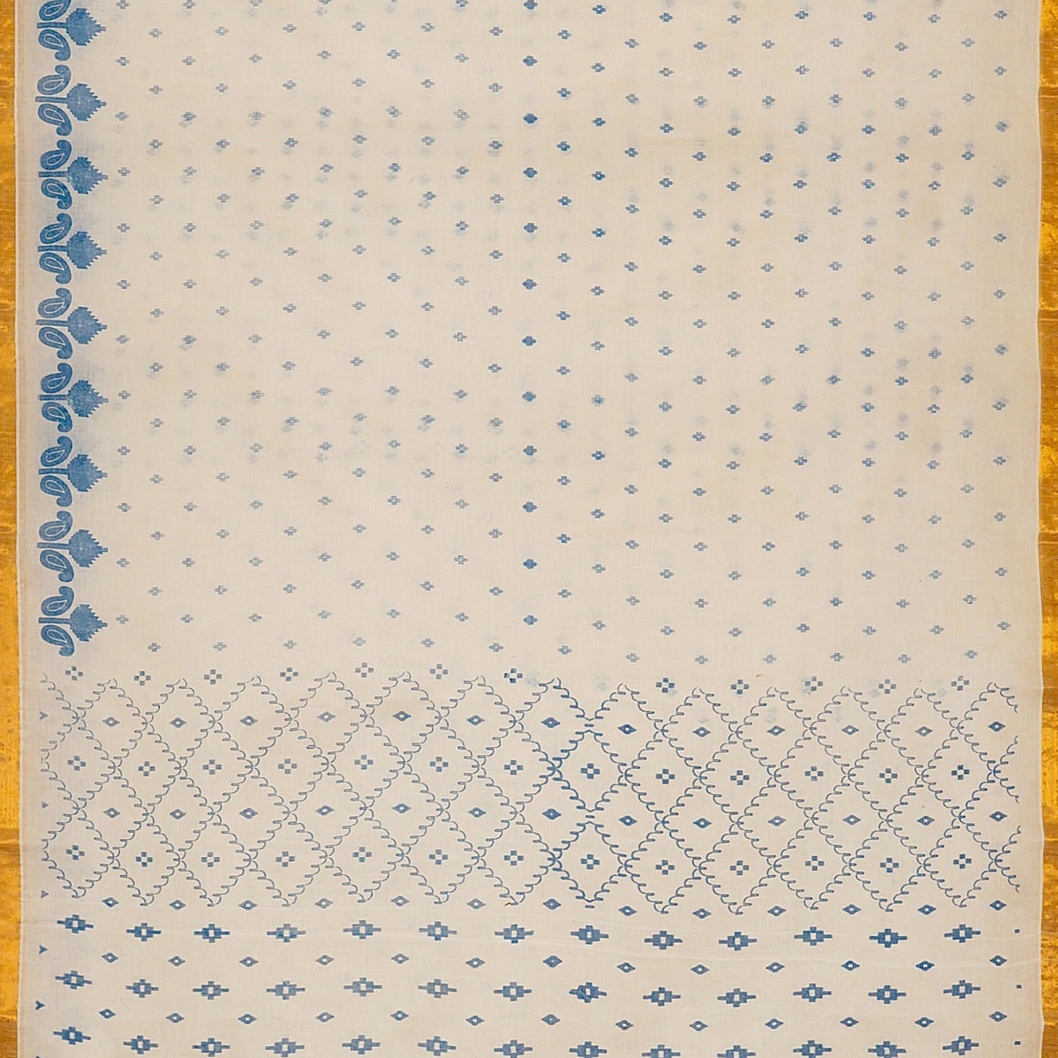 Exclusive Collection 100% Pure Cotton Off White Blue Saree With Printed Work - Swadesiicart