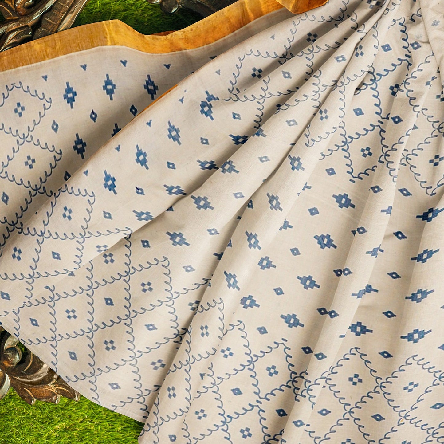 Exclusive Collection 100% Pure Cotton Off White Blue Saree With Printed Work - Swadesiicart