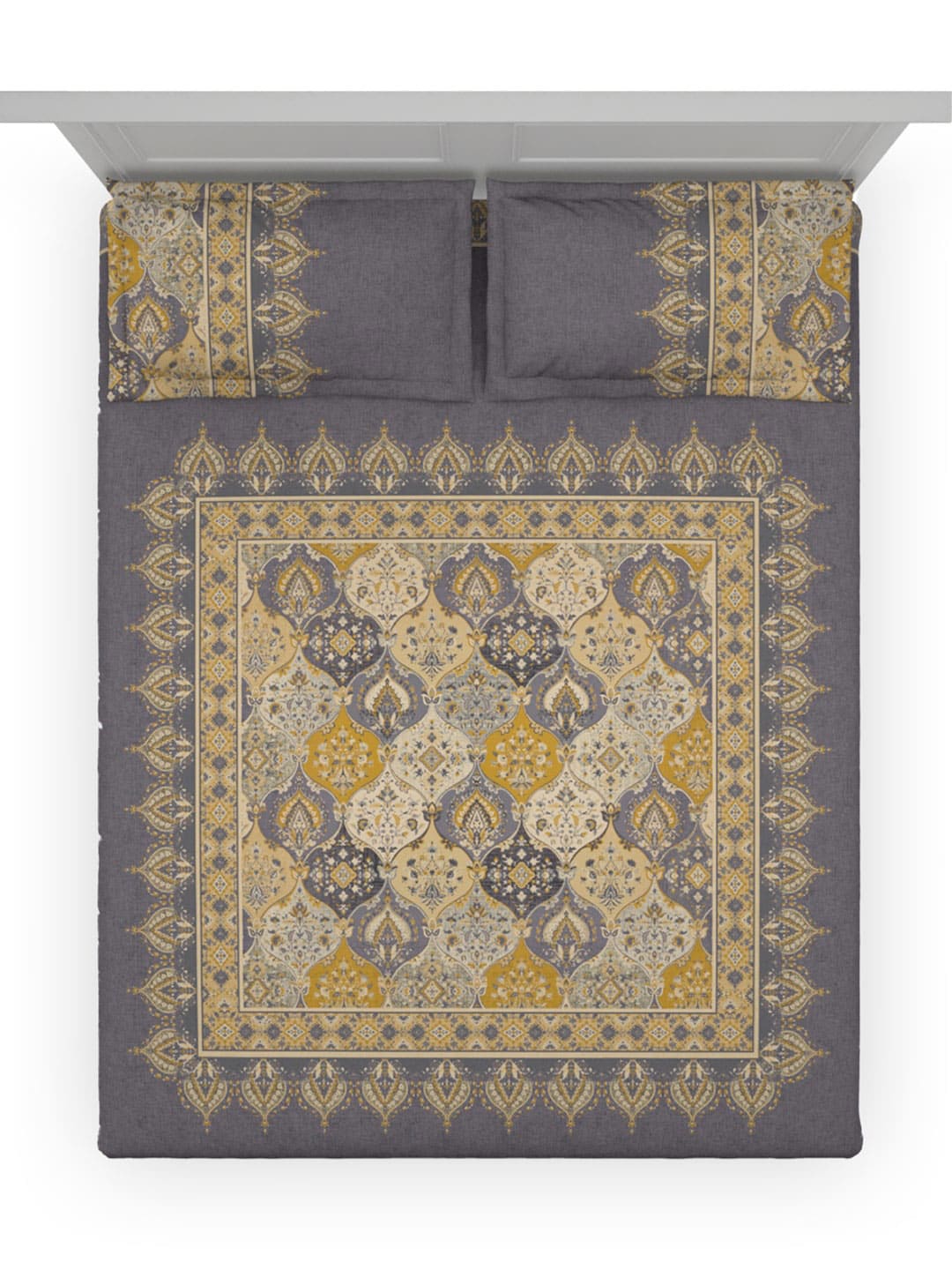 DDecor Grey & Yellow Ethnic Motifs Cotton 140 TC King Bedsheet With 2 Pillow Covers - Swadesiicart