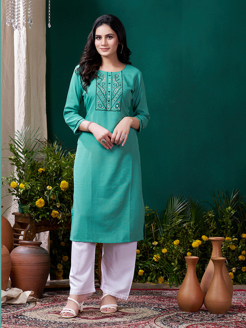 Monjolika Fashion Sky Blue Maaza Cotton Hand Work With Pocket Casual Kurti - Swadesiicart