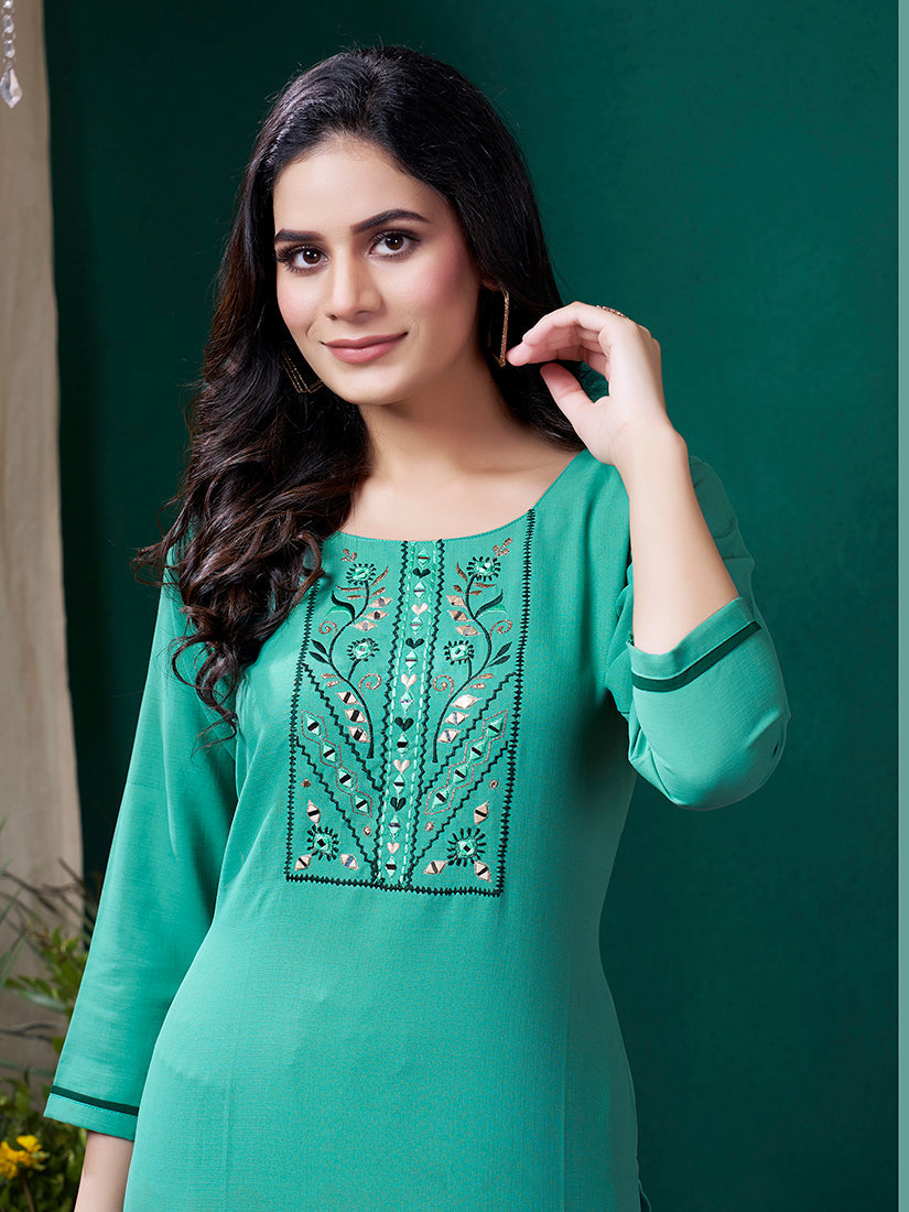 Monjolika Fashion Sky Blue Maaza Cotton Hand Work With Pocket Casual Kurti - Swadesiicart