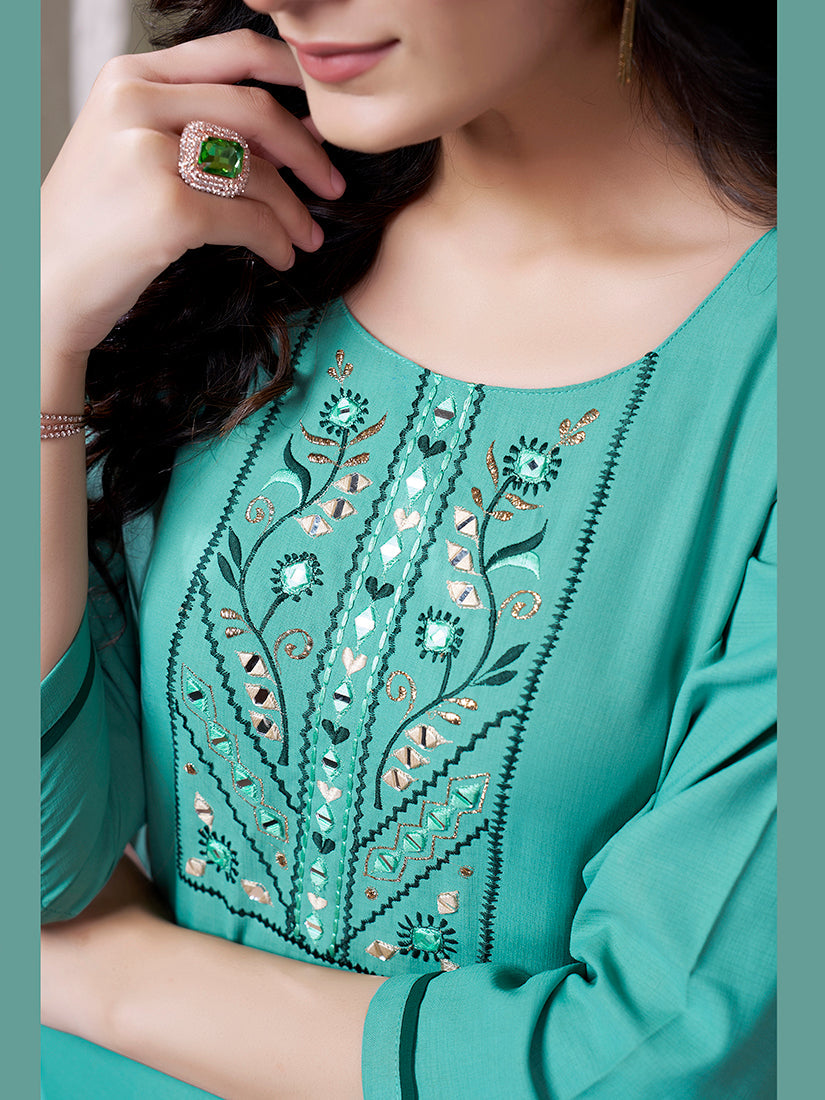 Monjolika Fashion Sky Blue Maaza Cotton Hand Work With Pocket Casual Kurti - Swadesiicart