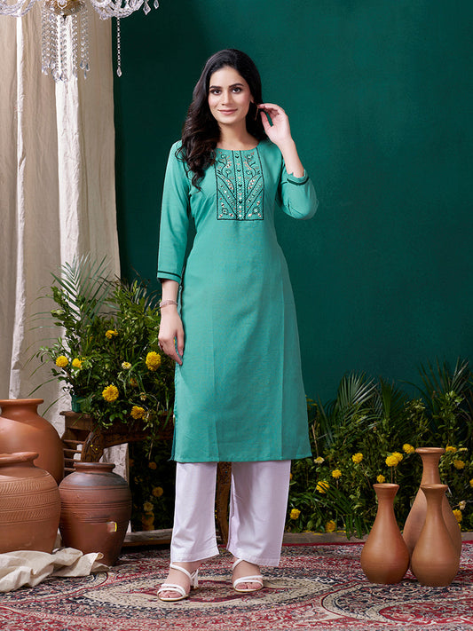 Monjolika Fashion Sky Blue Maaza Cotton Hand Work With Pocket Casual Kurti - Swadesiicart