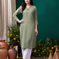 Monjolika Fashion Sage Green Maaza Cotton Hand Work With Pocket Casual Kurti - Swadesiicart
