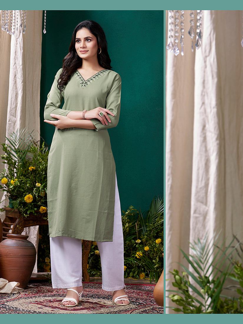 Monjolika Fashion Sage Green Maaza Cotton Hand Work With Pocket Casual Kurti - Swadesiicart