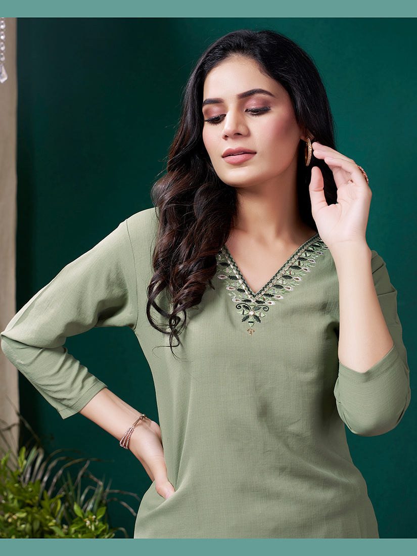 Monjolika Fashion Sage Green Maaza Cotton Hand Work With Pocket Casual Kurti - Swadesiicart