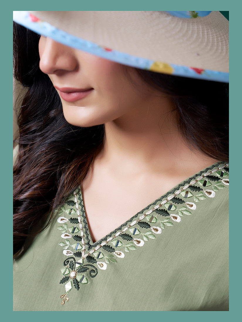 Monjolika Fashion Sage Green Maaza Cotton Hand Work With Pocket Casual Kurti - Swadesiicart